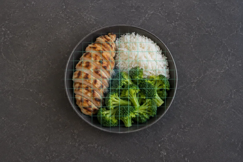 The same bowl seen from directly above: golden grilled chicken, white rice and green broccoli under a fine teal measuring grid — the stage the result card slides over.