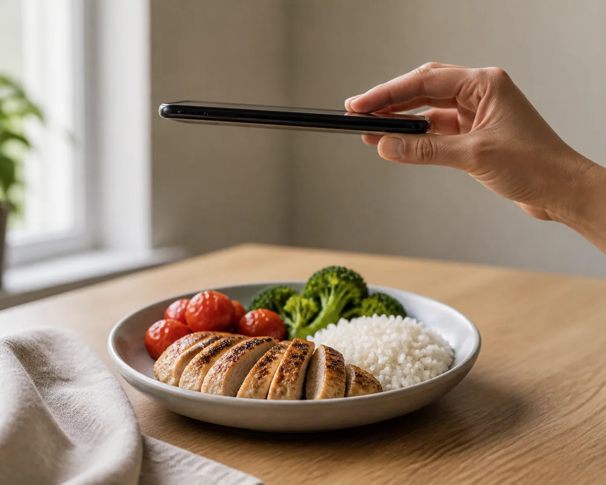A hand holding a phone about 30 centimetres above a plate of chicken, rice, broccoli and tomatoes.