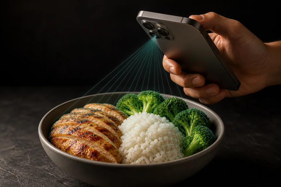 A hand holds an iPhone above a bowl of golden grilled chicken, fluffy white rice and fresh green broccoli; the phone's rear camera module faces the food and a slender cone of teal scan lines fans from the camera, tracing each item with a fine mesh — an illustration of the sweep.