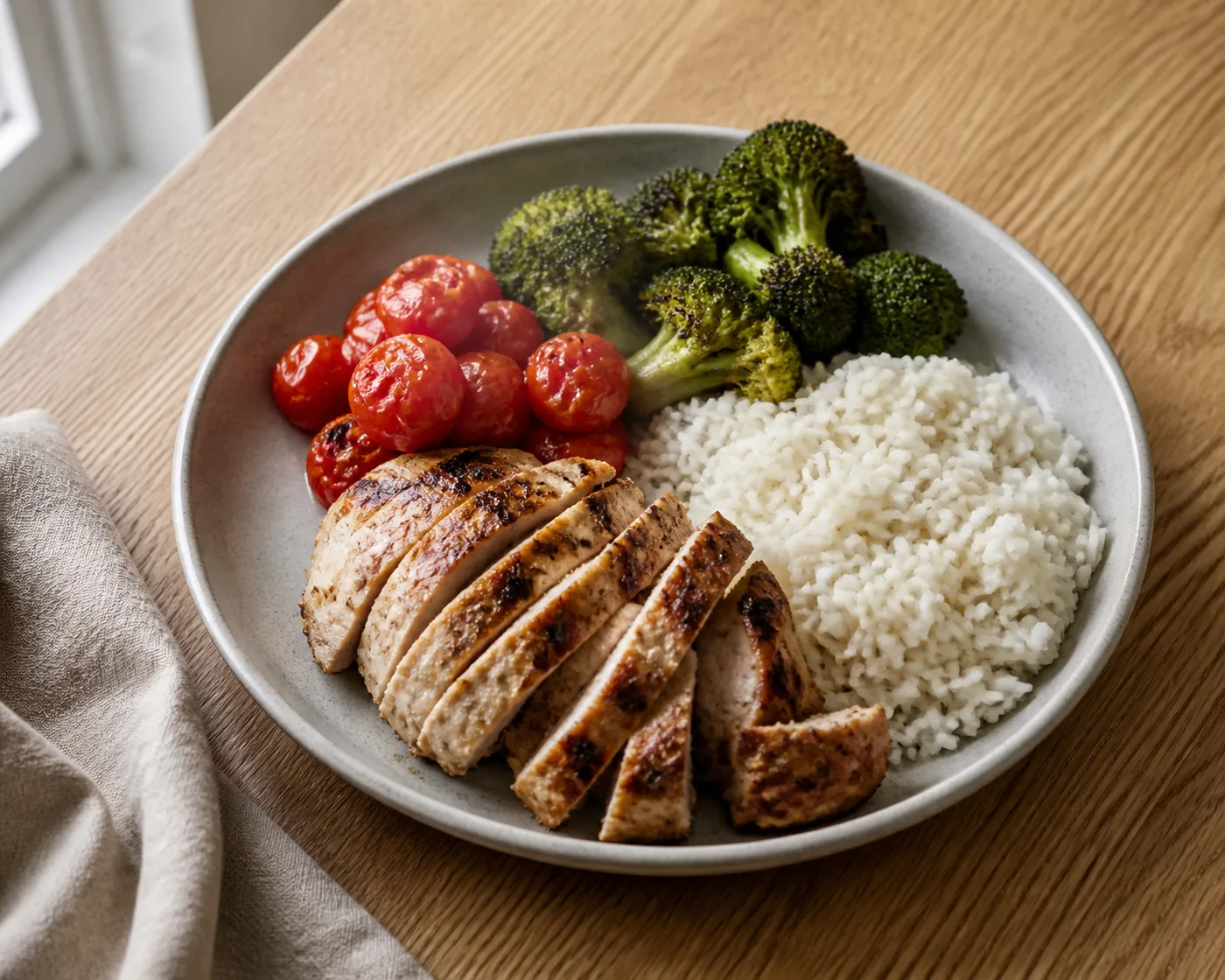 A plate with sliced grilled chicken, rice, roasted broccoli and cherry tomatoes on an oak table.