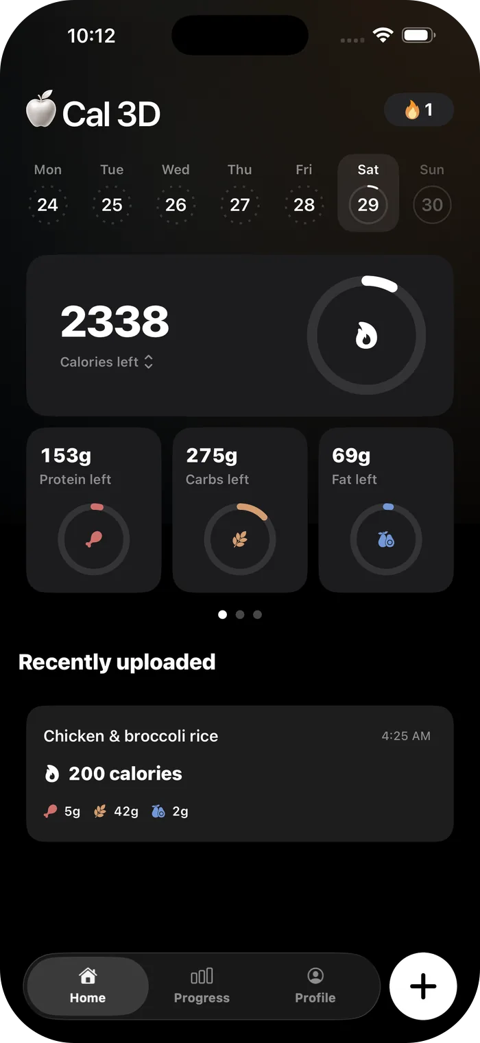 Cal 3D on iPhone: a one-day streak with Saturday selected, 2338 calories left, rings for 153 g of protein, 275 g of carbs and 69 g of fat left, and a logged Chicken & broccoli rice meal at 200 calories under Recently uploaded.