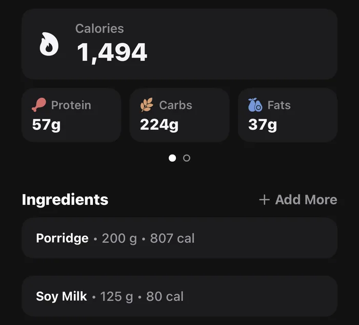 An open entry in Cal 3D: 1,494 calories, 57 g of protein, 224 g of carbs and 37 g of fat, with Porridge listed at 200 g and Soy Milk at 125 g.